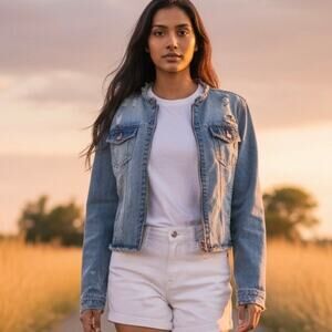 One 5 One Jean Jacket Distressed Denim Size Women's Large